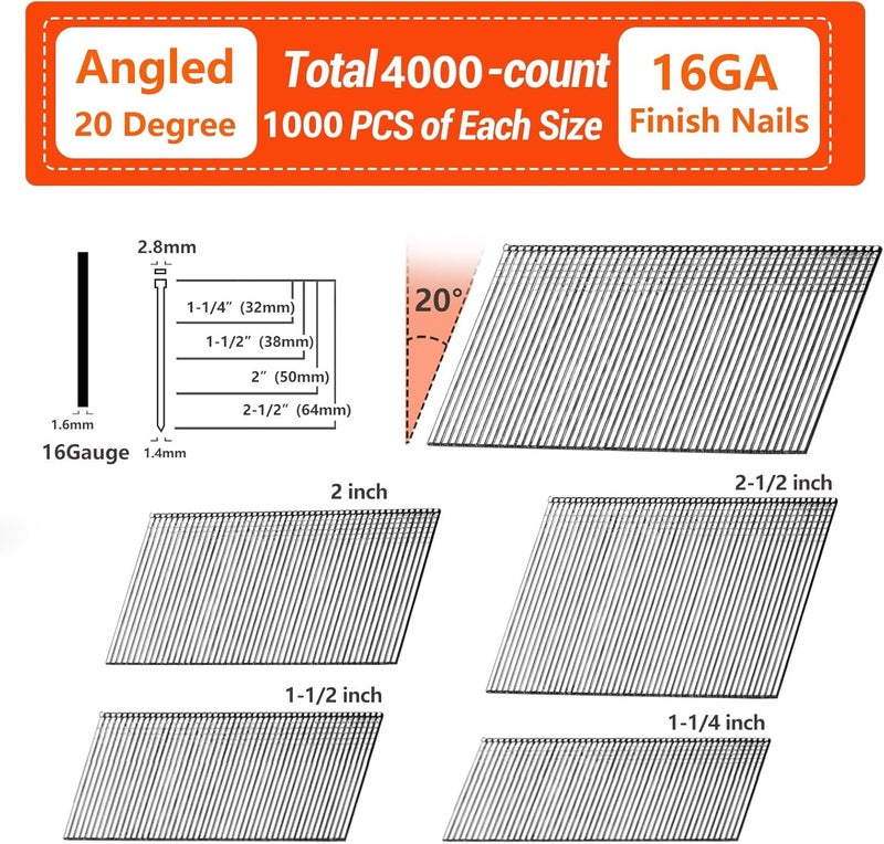 SITLDY 16 Gauge Angled Finish Nails, 20-Degree, 4000-Pack (2-1/2", 2", 1-1/2", 1-1/4" 1000 Per Sizes), Galvanized Assorted Size Project Pack, for Pneumatic, Electric Angled Finish Nailer - Image 2